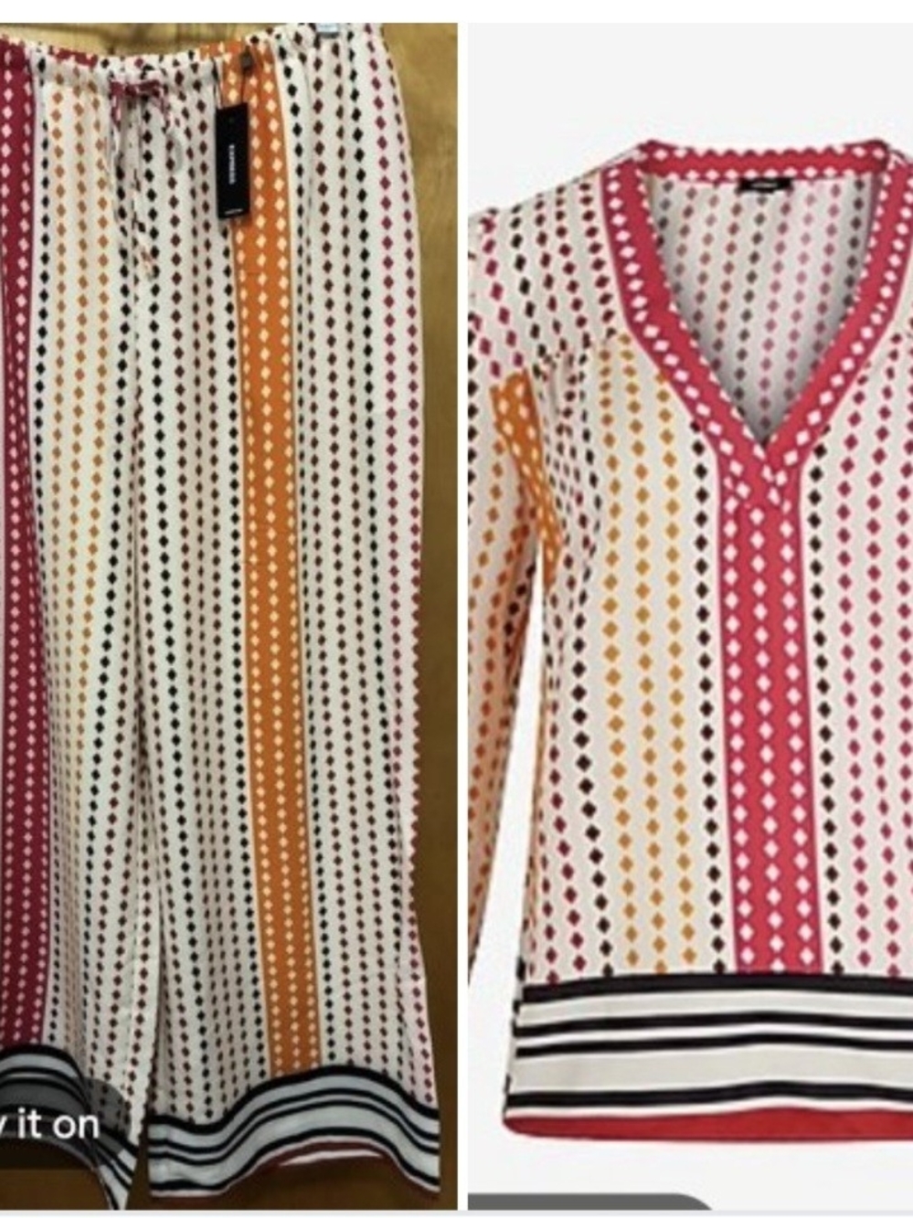 Women's Printed Wide-Leg Set With V Neck Ling Sleeve- Pink, Orange, Black.